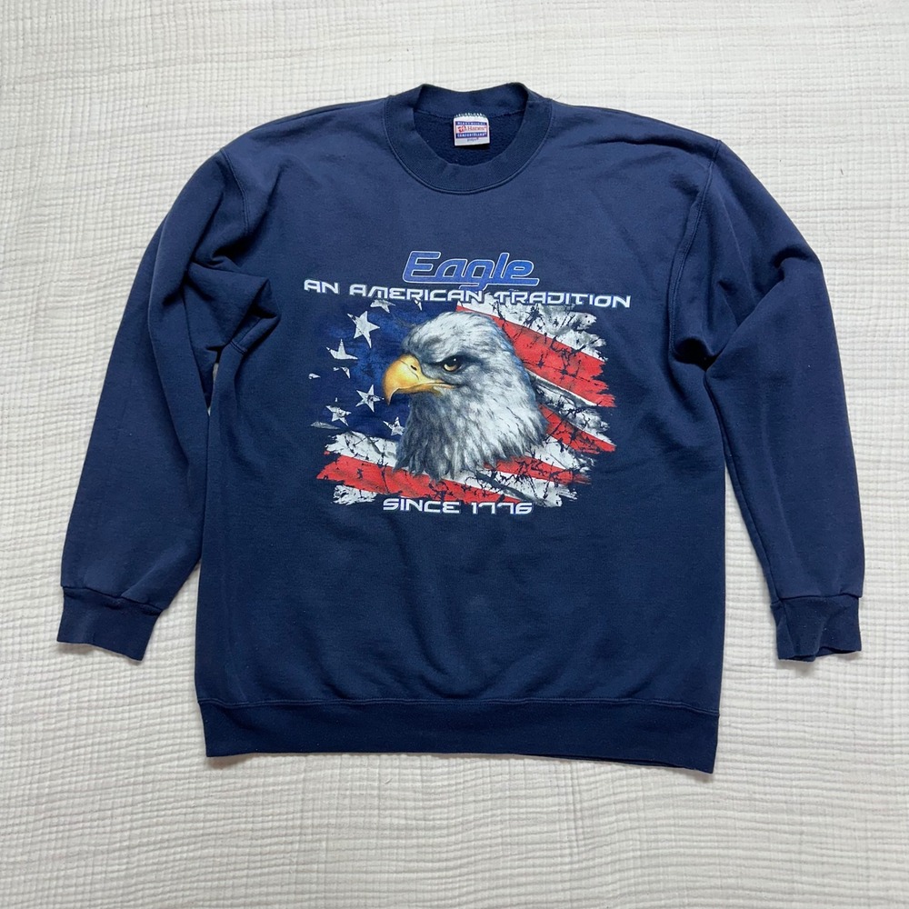 VTG Hanes Heavyweight Eagle An American Tradition Since 1776 Sweatshirt Blue USA
